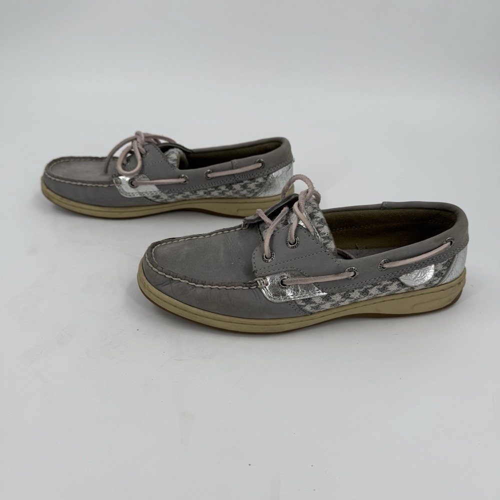 Sperry Women's 7.5M Gray Leather Boat Shoes Metallic Woven Casual Loafers